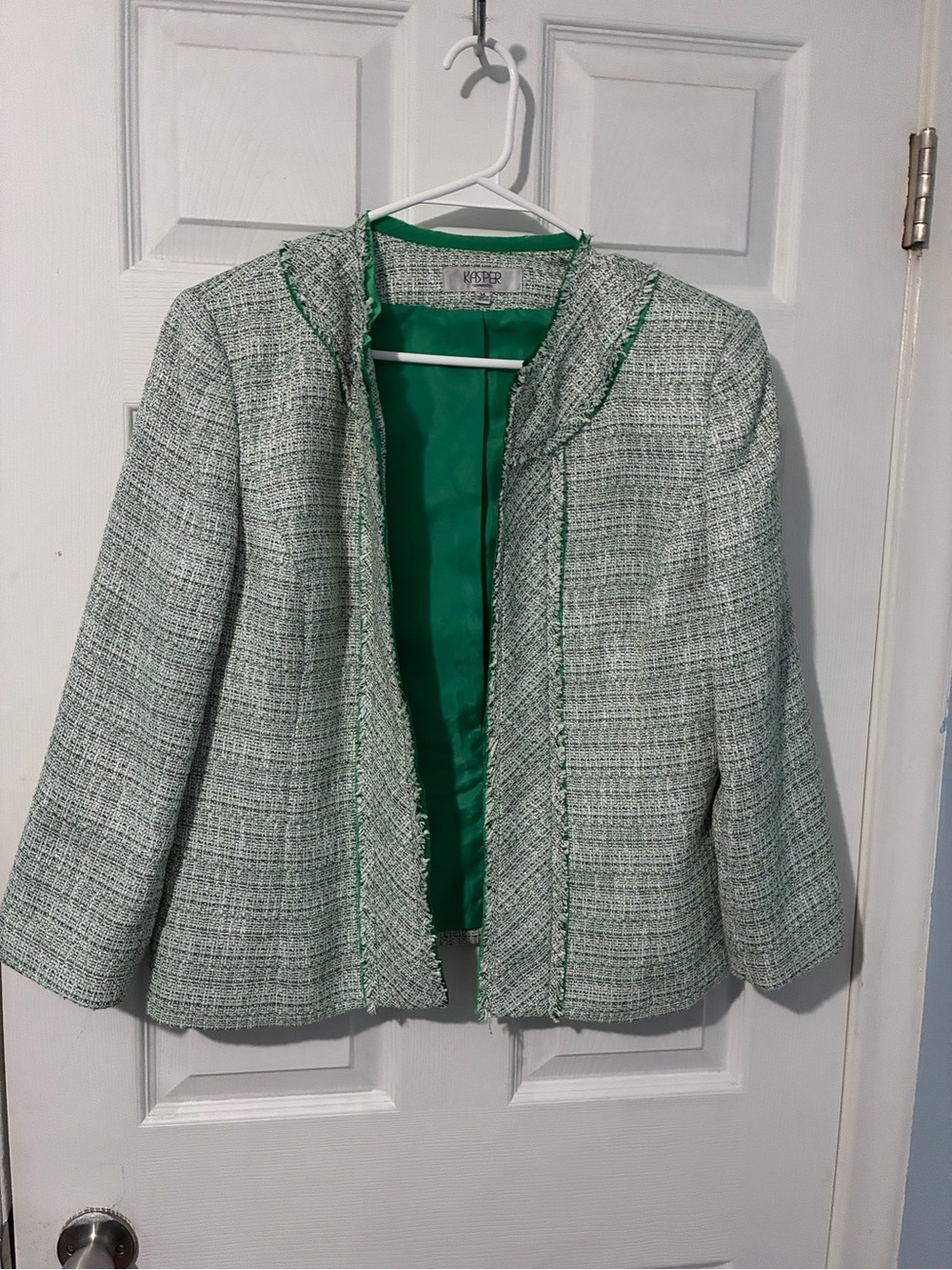 Kasper Light Green Tweed Fringe-Trim Open Jacket